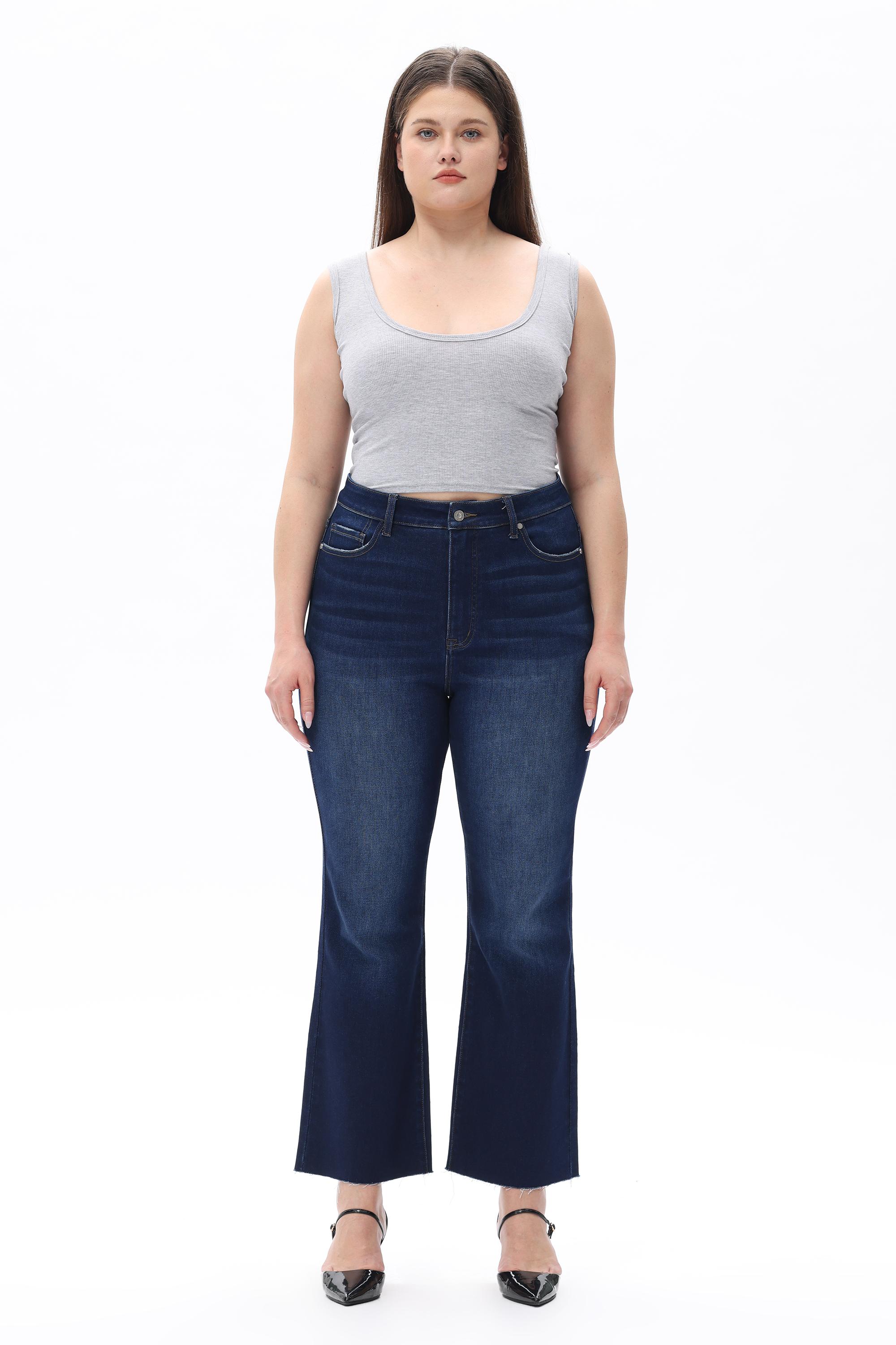 Retro Dark Wash Flare Jeans for Curvy Women, High Waisted Bootcut Cropped Denim |   Must-Have Streetwear