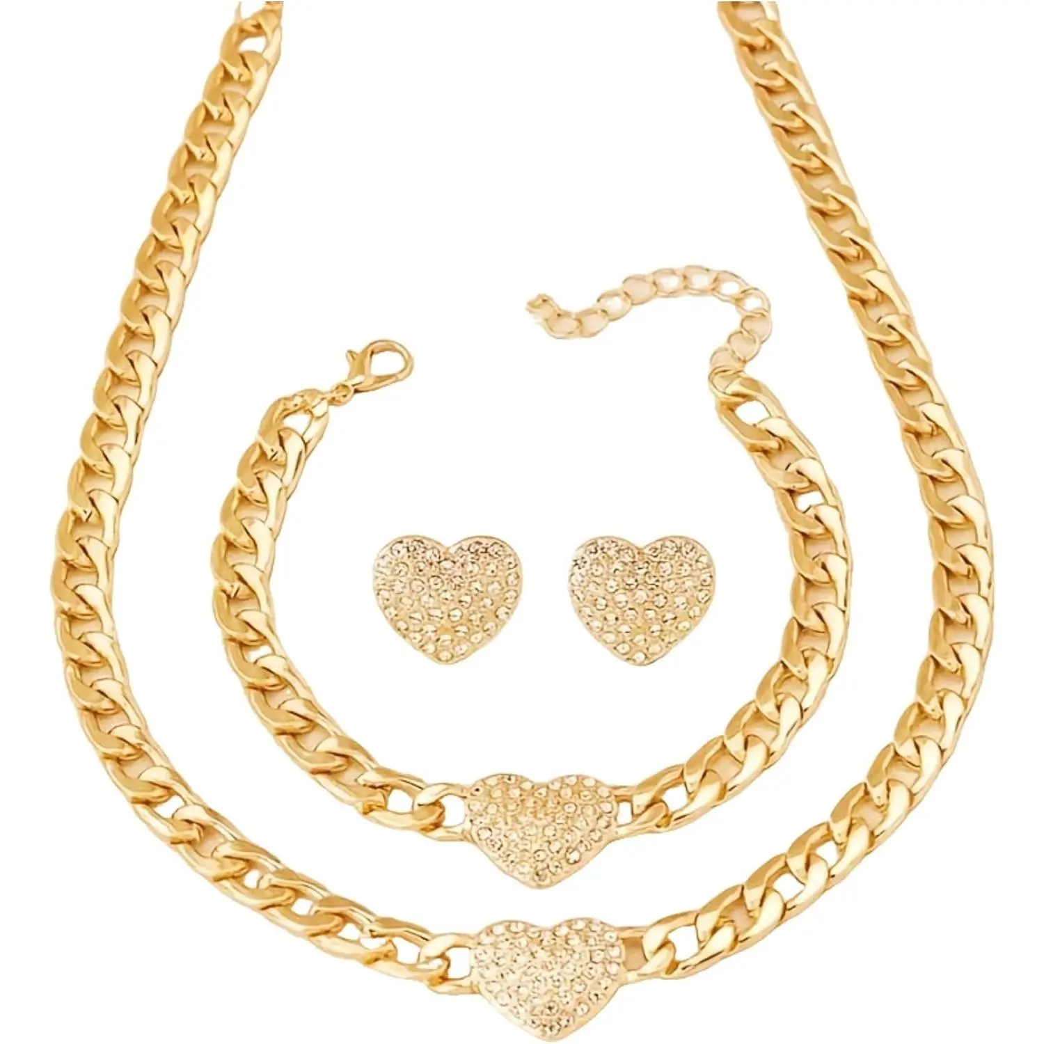 3 count  Heart-Shaped Rhinestone Pendant Cuban Chain Chunky Necklace Bracelet Earring Set Women's Fashion Heart  Dating Accessories Birthday