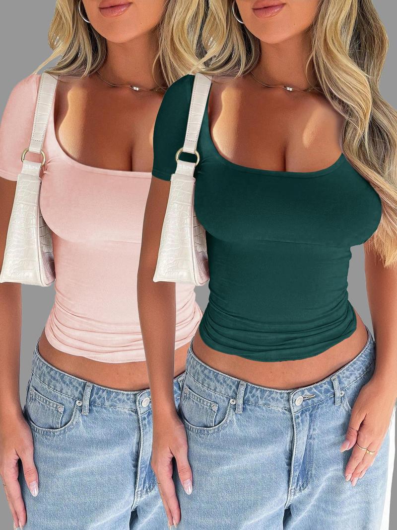 Pure Color Casual Slim Fit U Neck Short Sleeve T-Shirt, Summer Thin Fabric Kint Style Tee for Women, Comfortable Daily Wear