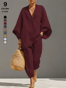 2026 Casual Linen-Look 2-Piece Tracksuit, V-Neck Batwing Sleeve Top, Elastic Jogger Pants, Indoor Outdoor Loungewear Set, Clothes