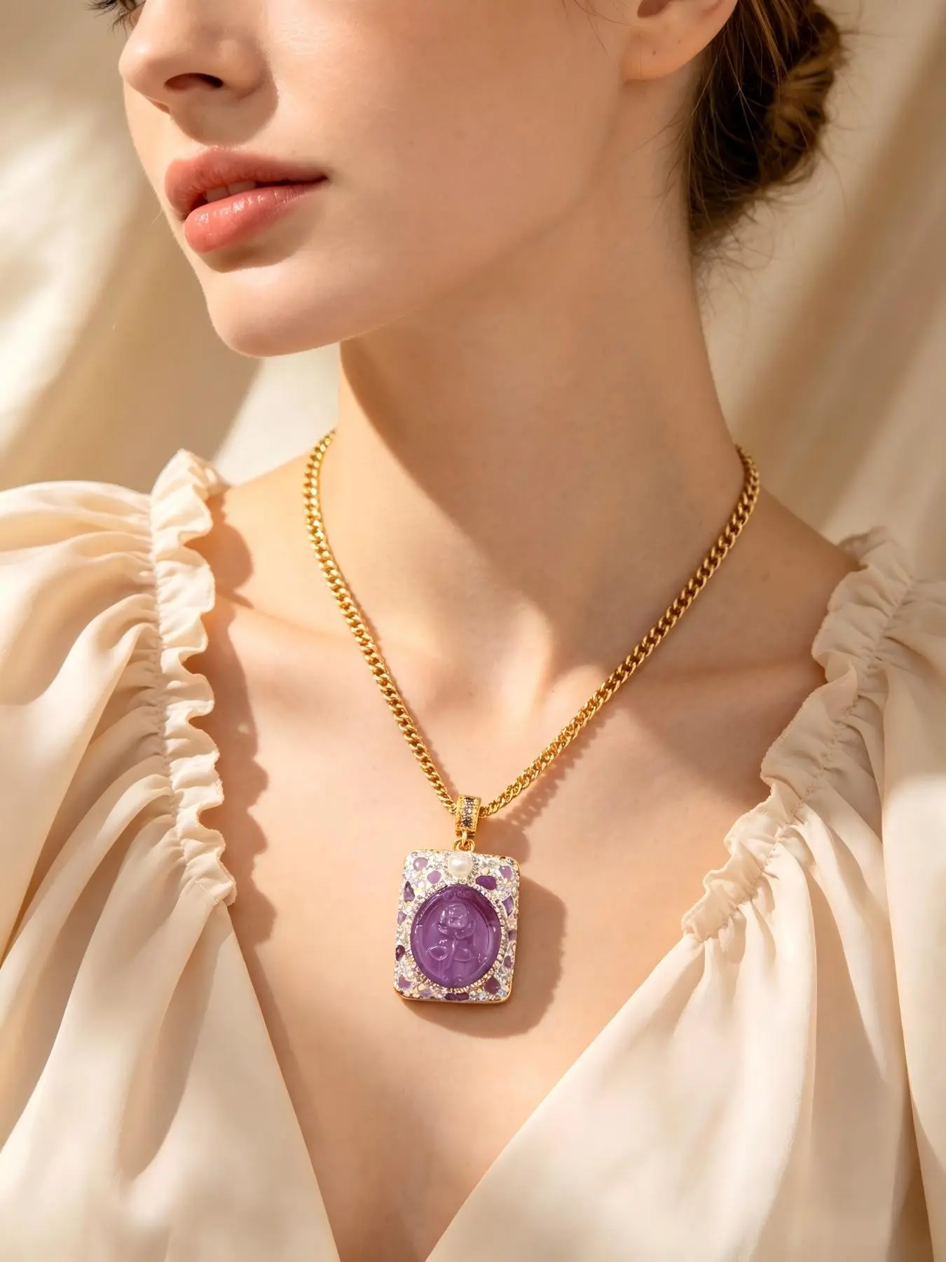 Amethyst Square Crystal Rose Pendant Necklace