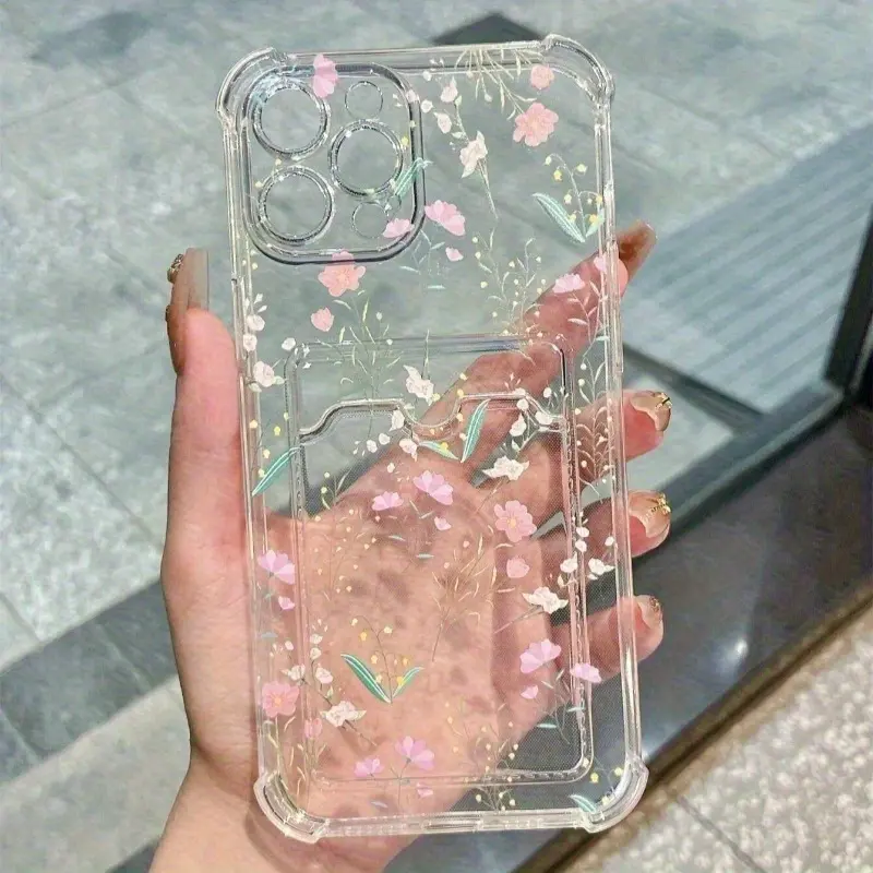 Smartphone Casing - Handheld Cellphone Devices Accessory with Transparent Card Holder, Full-Screen Colorful Floral Design