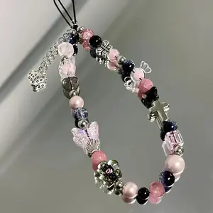 Black Pink Strawberry Butterfly Cross Phone Chain Charm Wrist Strap Keycord Cellphone Lanyard Girl Keychain Mobile Phone Gifts