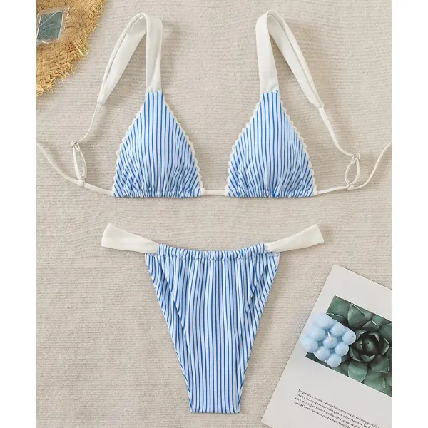 Women Blue White Vertical Stripe Triangle Bikini Set, Scalloped Trim Contrast Halter Two Piece Bathing Suit SummerVibes