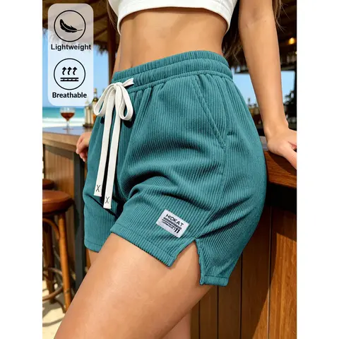 Women's Summer Three Part Pants with Corduroy Stripes, Elastic Waist Drawstring Pants for Women, Suitable for Casual Daily Vacations with A Light Sports Style, Fashionable, Lightweight and Breathable Shorts