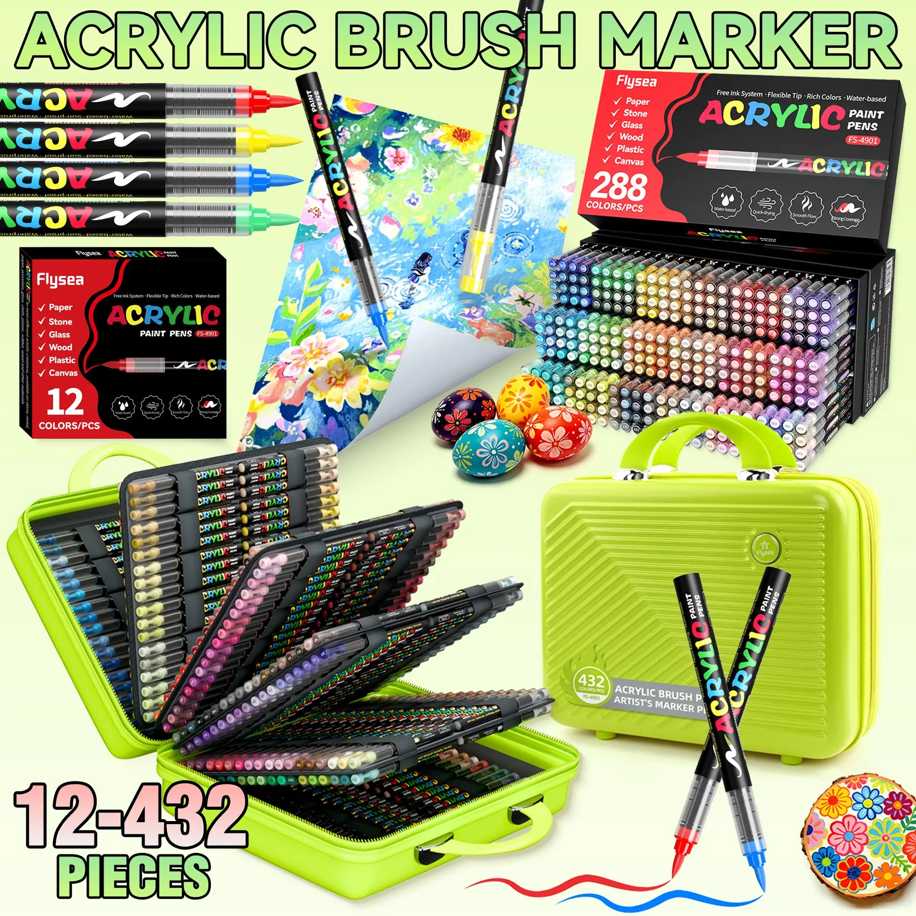 12-432 Pack Liquid Flow Soft Tip Acrylic Markers Set, Artist Supplies, Arts And Crafts Supplies, Ideal for Rock Art, Collage, Handwriting, Cards, Canvas, Students, Office Use
