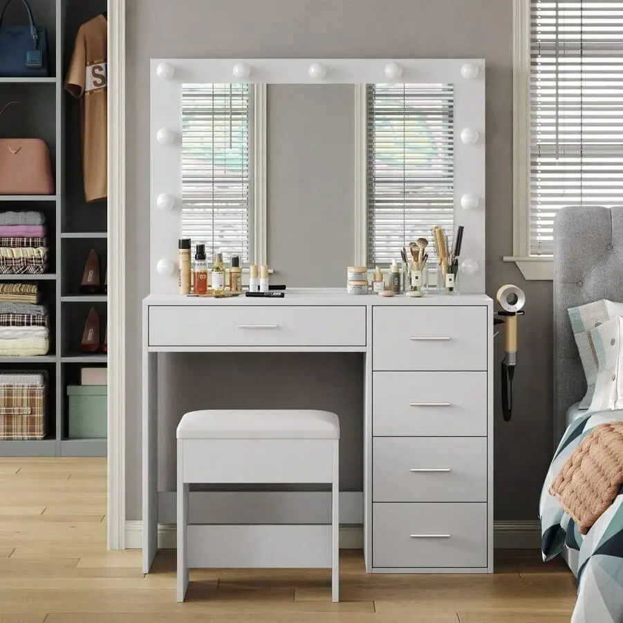 White Vanity Table Set for Women & Girls, Makeup Dressing Table with Lighted Mirror, 3‑Color Adjustable Lighting, Built‑in Power Outlet and Storage Drawers