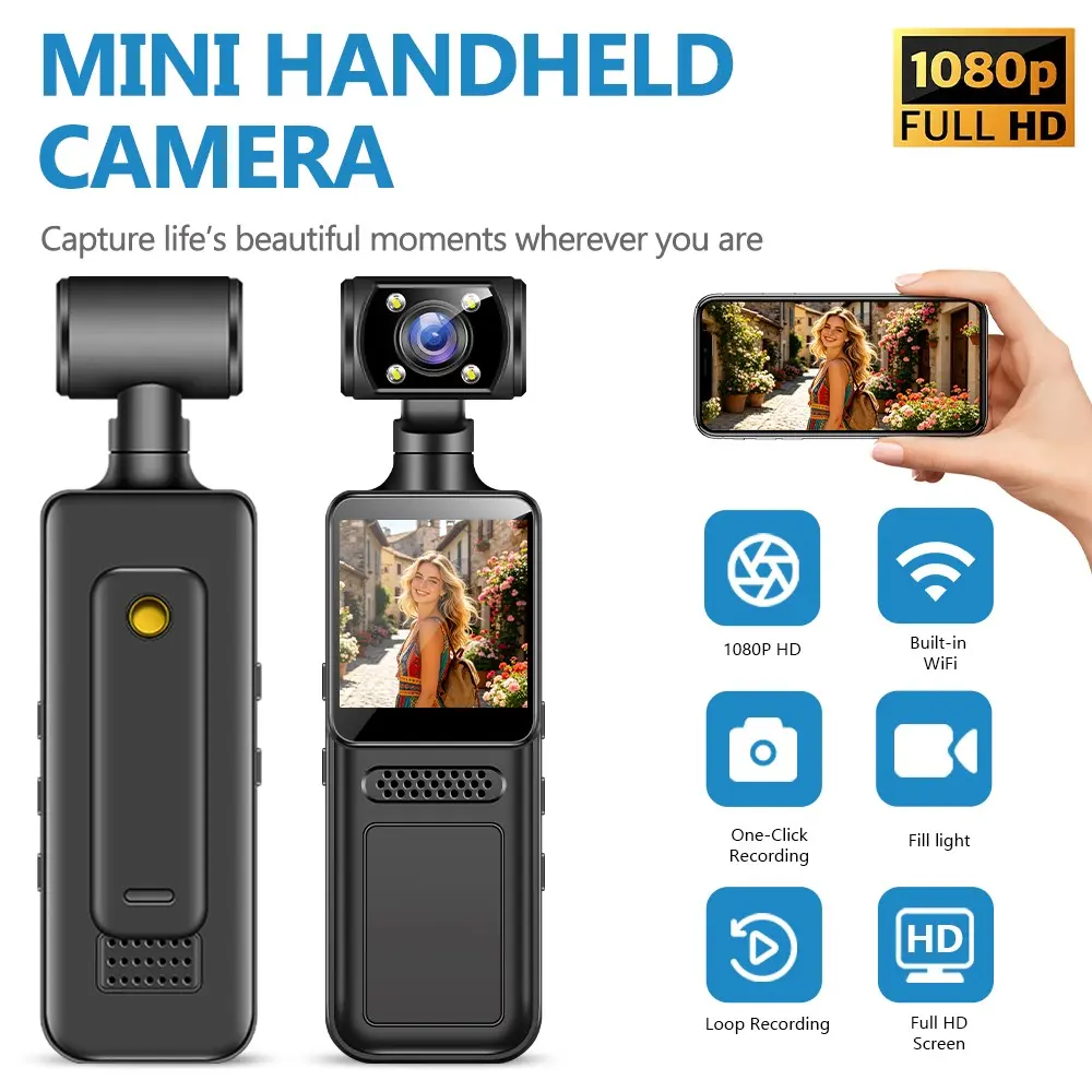 2026 New 1080P Clip-On Mini Body HD Video Camera, WiFi & Screen, 360° Recording, IR Night Vision, Motion Detection, G-Sensor, Loop Record, Optional 32GB/64GB Memory Card, Multi-use Cam for Bike, Delivery, Pet & Elderly Care