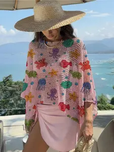 Women's Cartoon Ocean Life Bubble Print One-Shoulder Long Sleeve Knit Mesh Top, Casual Elegant Vacation Style, Comfortable Breathable Women's Shirt