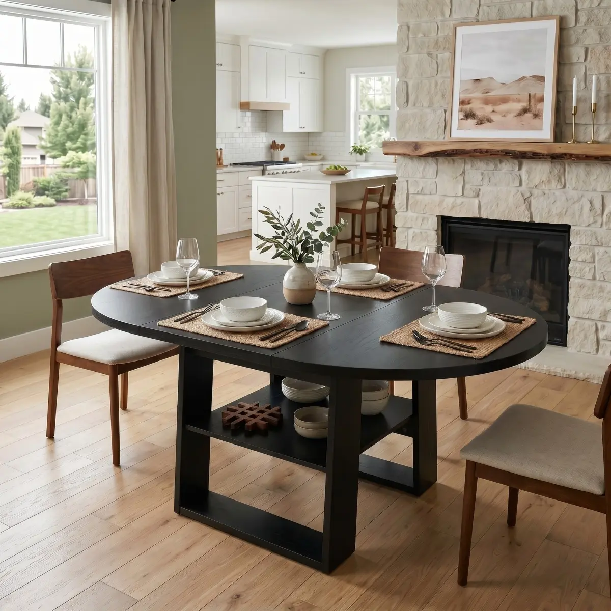 [Bellemave] 43.3"-59" Extendable Round Dining Table for 4-6, Round-to-Oval Kitchen Table with Built-In Flip-Up Extension Leaf, Stable H-Shaped Base and Storage Shelf