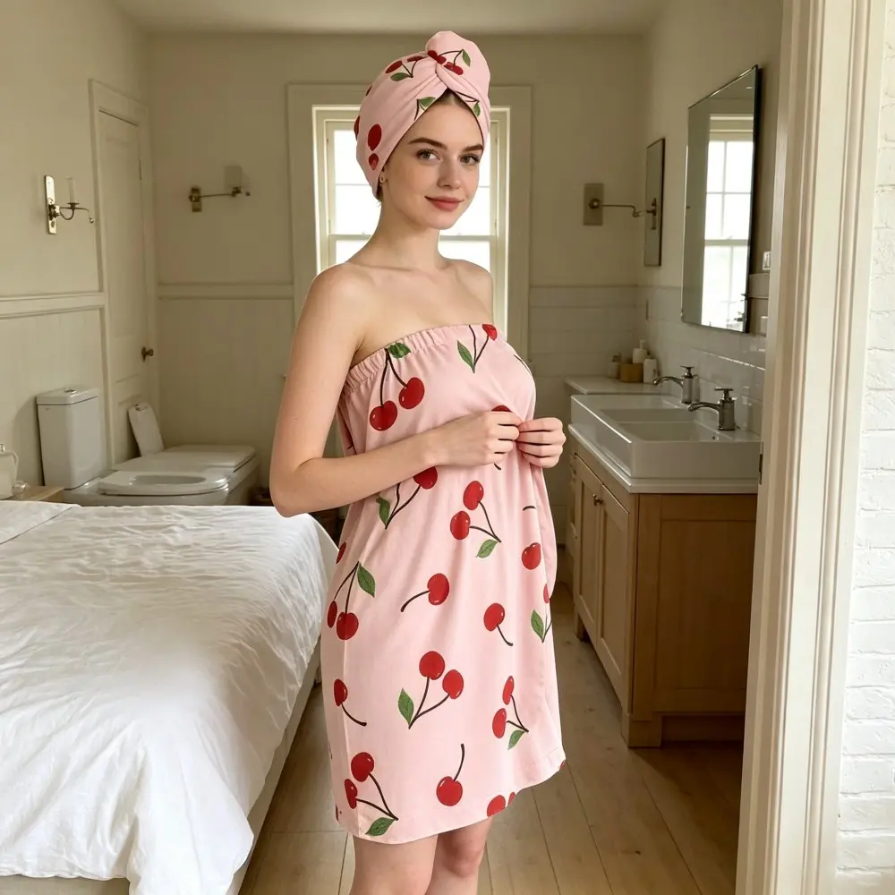 Women's Cherry Bow Shower Wrap and Hair Towel Set – Pink Quick Dry Microfiber Bath Wrap with Adjustable Closure – Cute Spa, Dorm, Gift Towel Set for women Quick Drying Towels