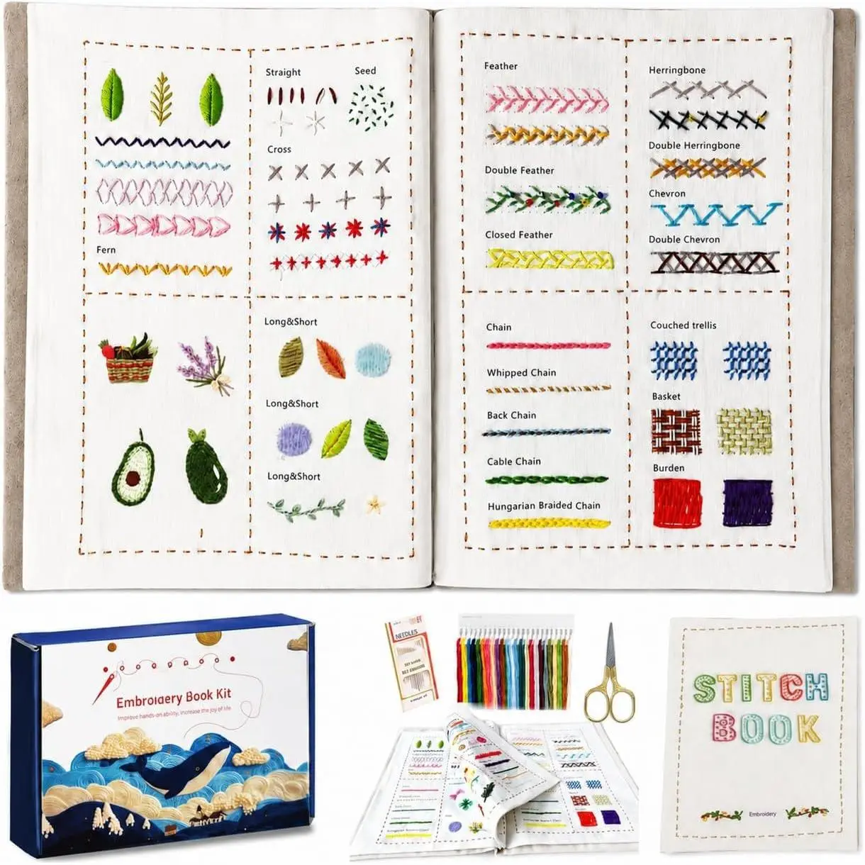 Beginner Embroidery  Book Kit, Embroidery Kit for Beginners Adults with Video Tutorials, 79 Essential Stitches & Embroidery Patterns, DIY Your Own Embroidery Journal,