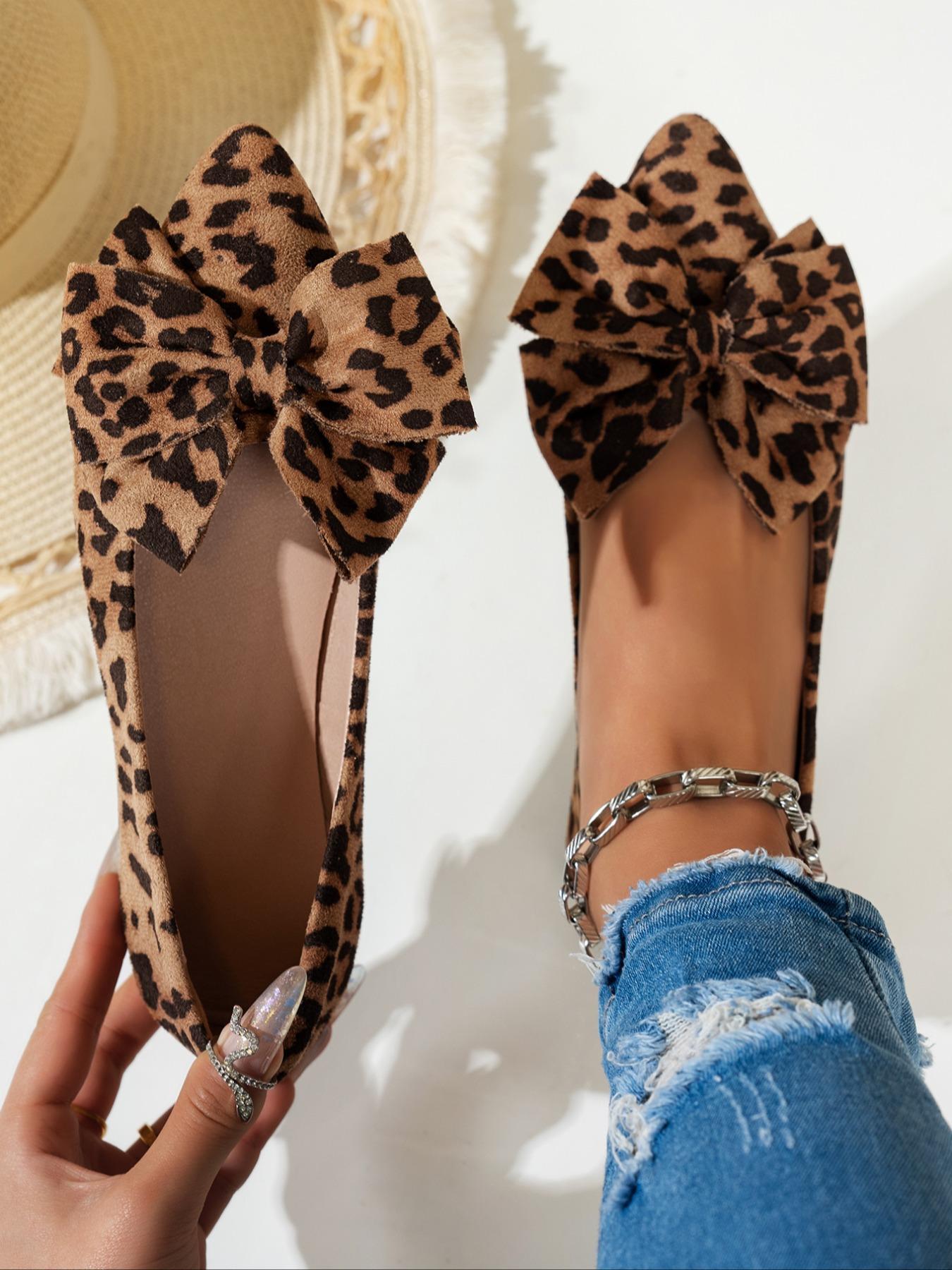 Women's Fashion Leopard Print Bowknot Design Casual Trendy Flat Shoes, Casual Comfortable Slip on Shoes for Daily Wear, Female All-match Pointed Toe Shoes for Daily Wear, Girl, Bowknot Design Flats