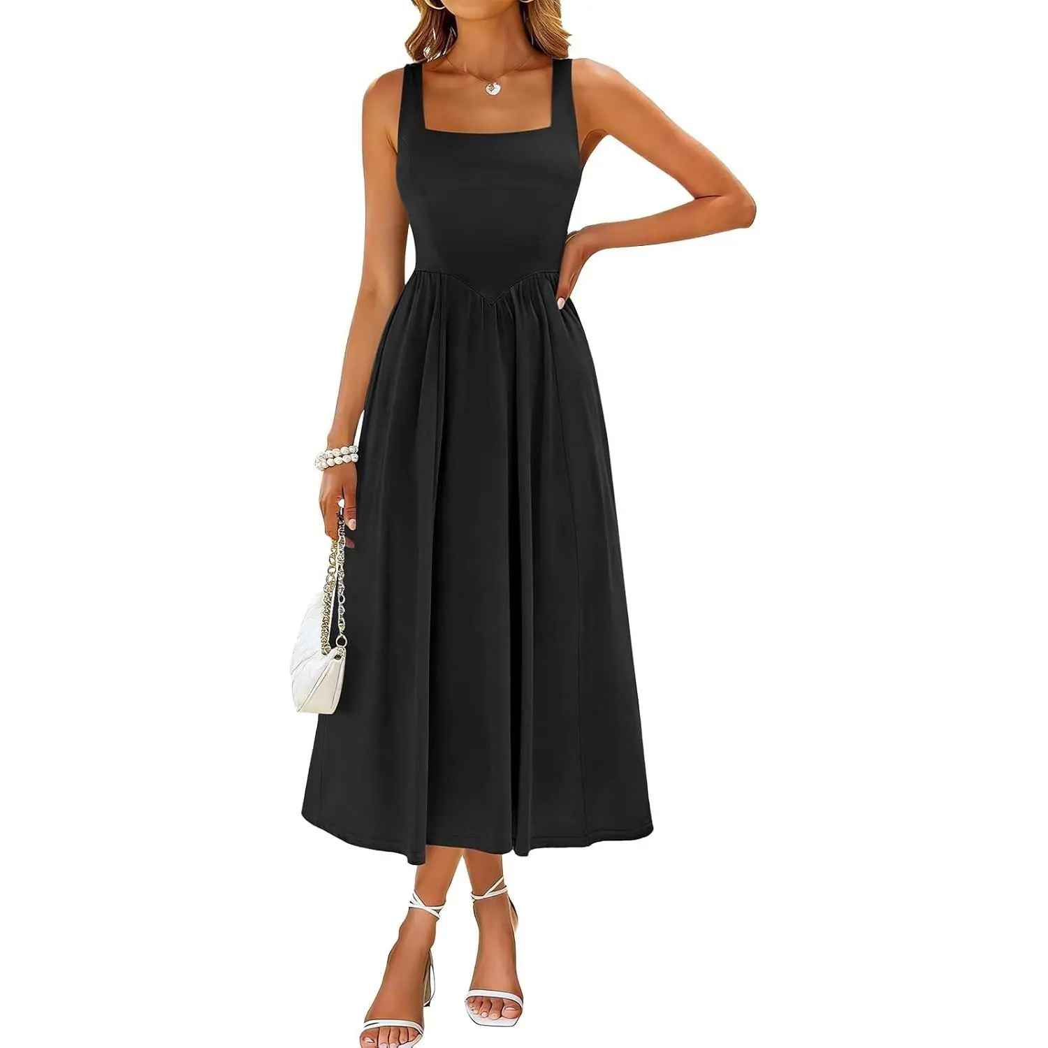 Midi Dresses for Women 2026 Spring Square Neck Tank Sleeveless A Line Casual Summer Sundresses with Pockets