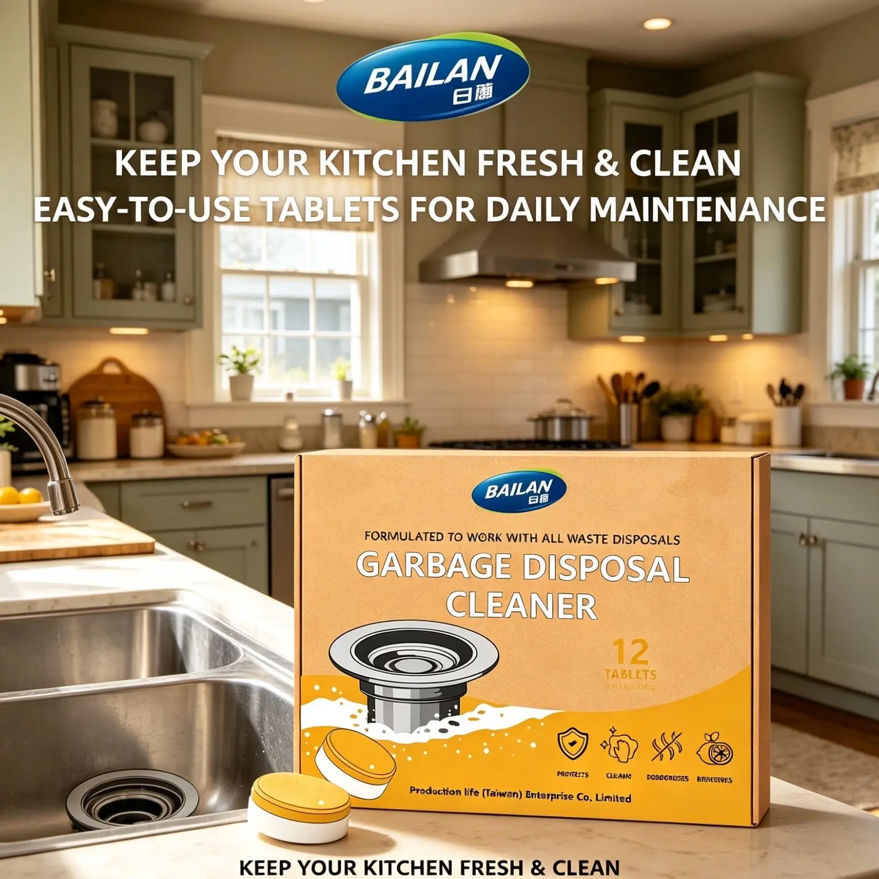 BAILAN Garbage Disposal Effervescent Cleaning Tablets, 12-Count 1-Year Supply, Kitchen Sink Odor Remover, Long-Lasting Freshness, Compatible With Most Food Waste Disposer Brands