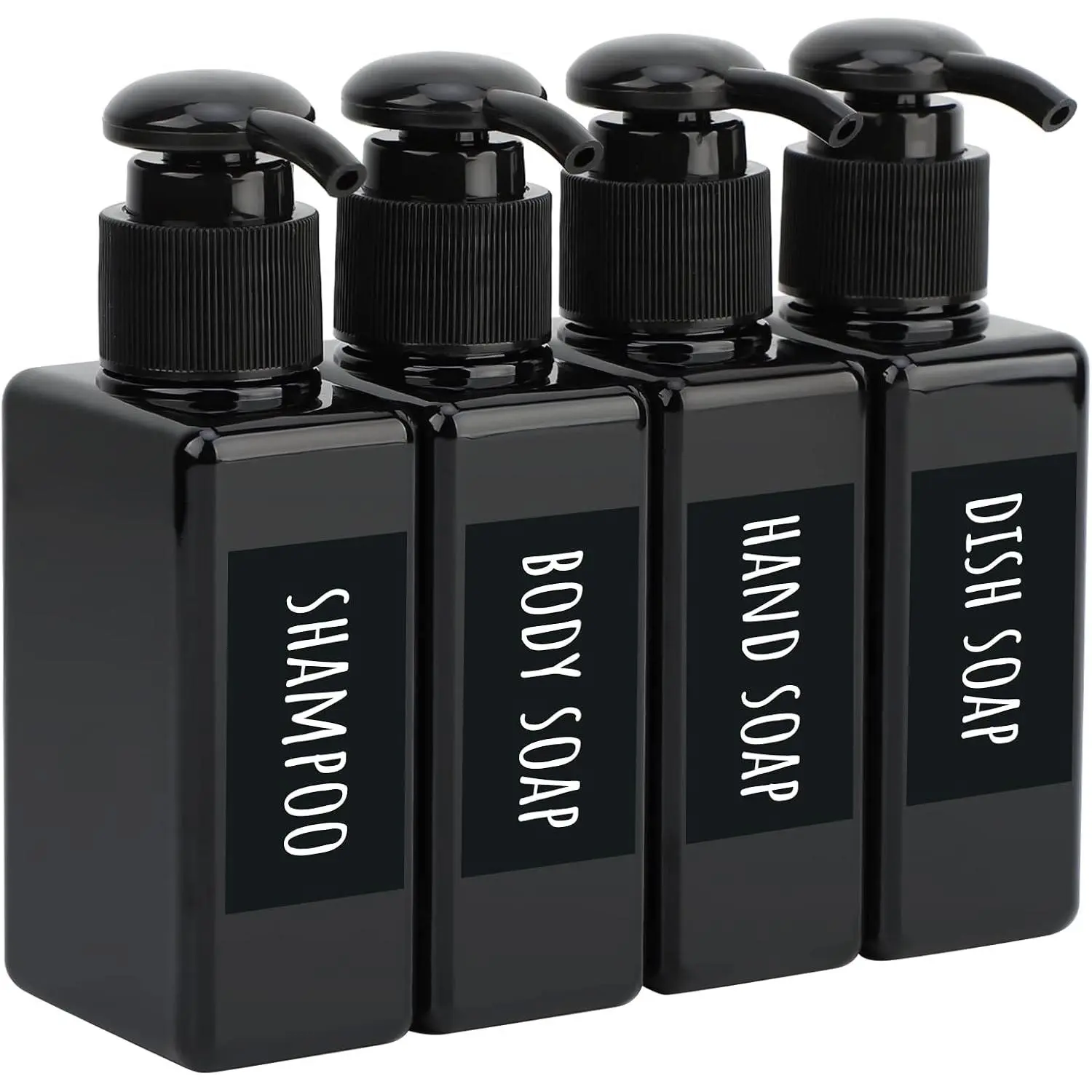 Black Plastic Square Shower Dispenser, 4 count 3.4oz Empty Hand Soap Bottles with Label, 100ml Refillable Press Pump Portable Lotion Dispenser Liquid Container for Travel Bathroom Hotel Kitchen