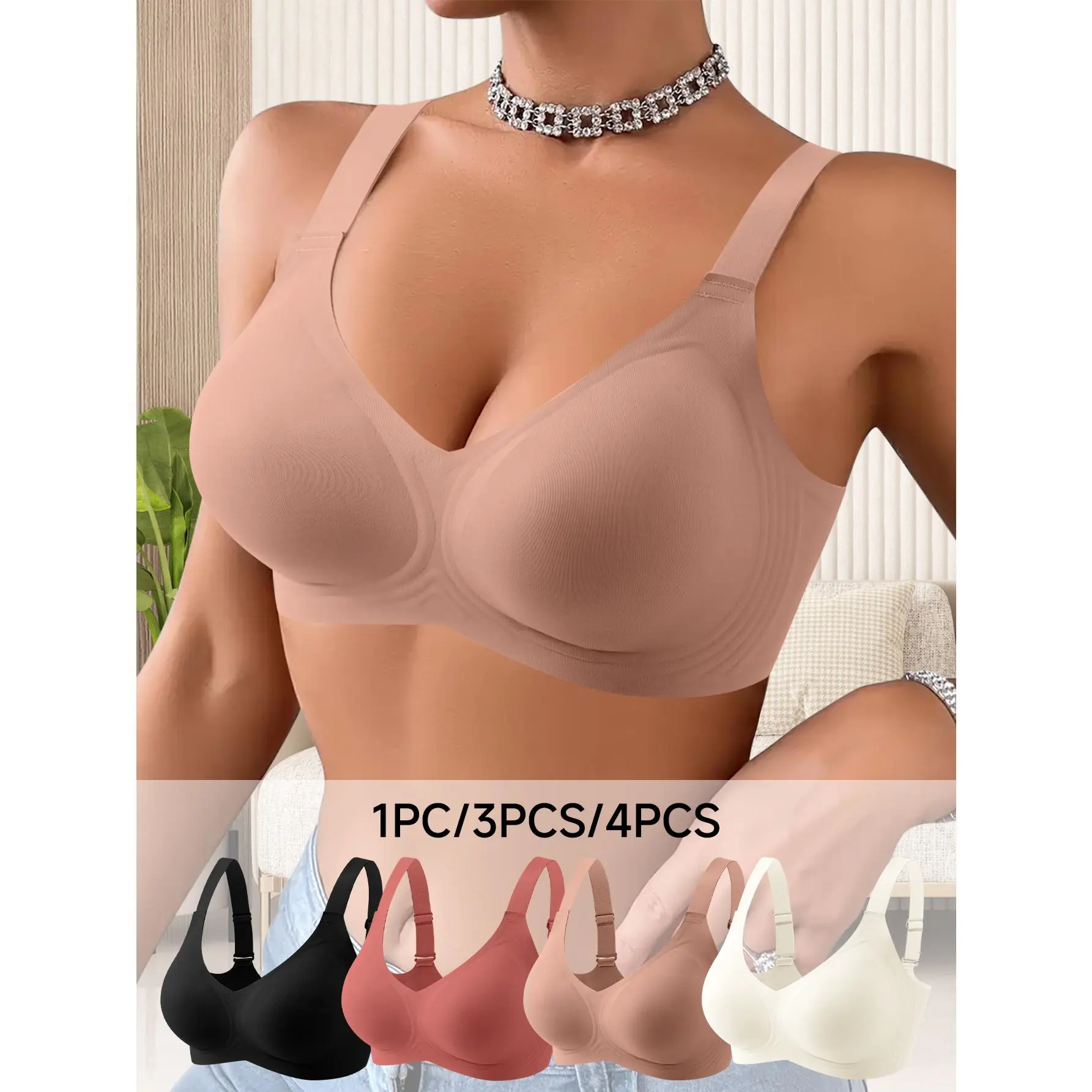 QUASTI Random Colors Women's Seamless Wireless Jelly Band Push Up Bras, Sexy Lightweight Solid Color Bralettes, Breathable Soft Stretch Cup Lifting Underwear, Invisible Skin Friendly Everyday Shaping Lingerie Set, S-5XL