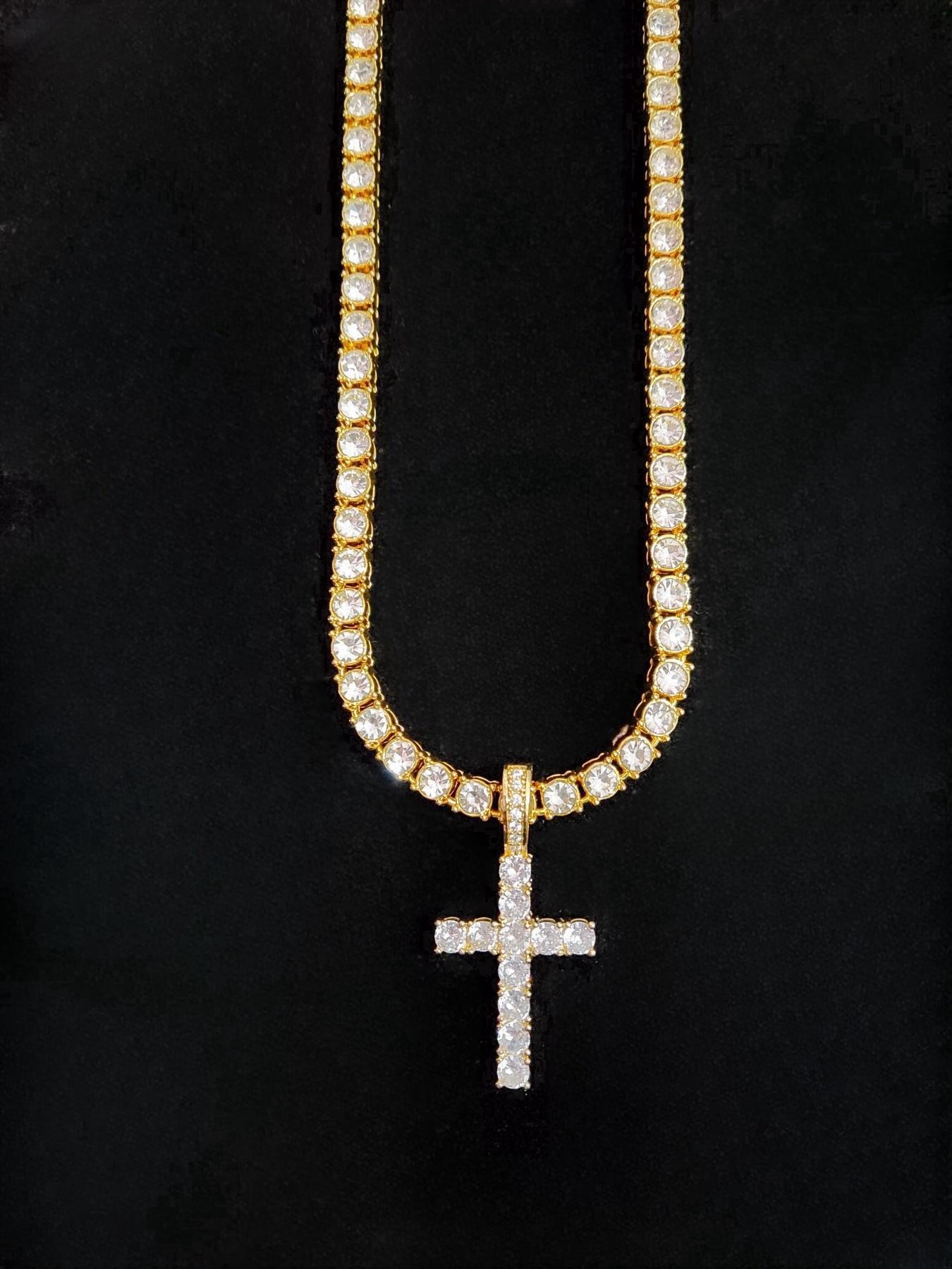 Artificial Zircon Cross Pendant 5mm Tennis Chain Necklace, Cuban Cross Necklace, Punk Style Necklace for Party, Daily Clothing Decor, Trendy All-match & Exquisite Jewelry for Birthday Gift