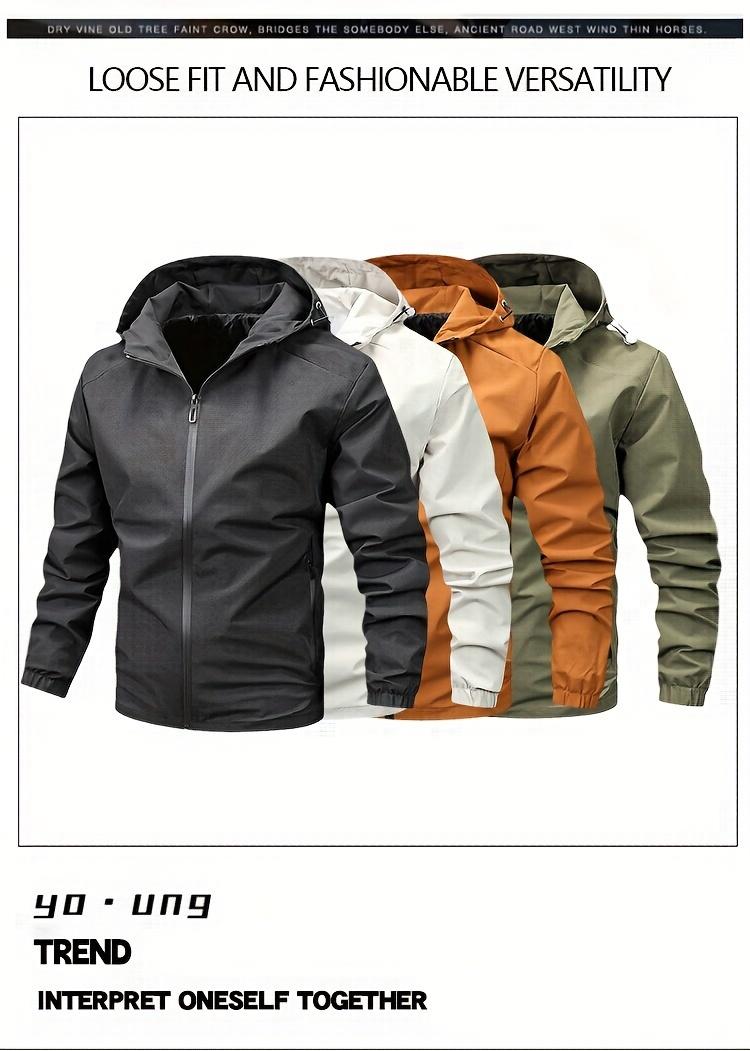 Solid Color Men's Long Sleeve Zip Up Windproof Hooded Sports Jacket For Spring Fall Outdoor, Hiking Running Cycling