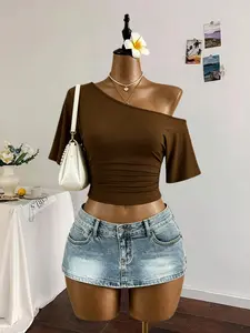 Sexy One-Shoulder Ruched Short Sleeve T-Shirt, Pure Desire Hot Girl Shoulder Show Slimming Waist T-Shirt, Trendy Fashion Top