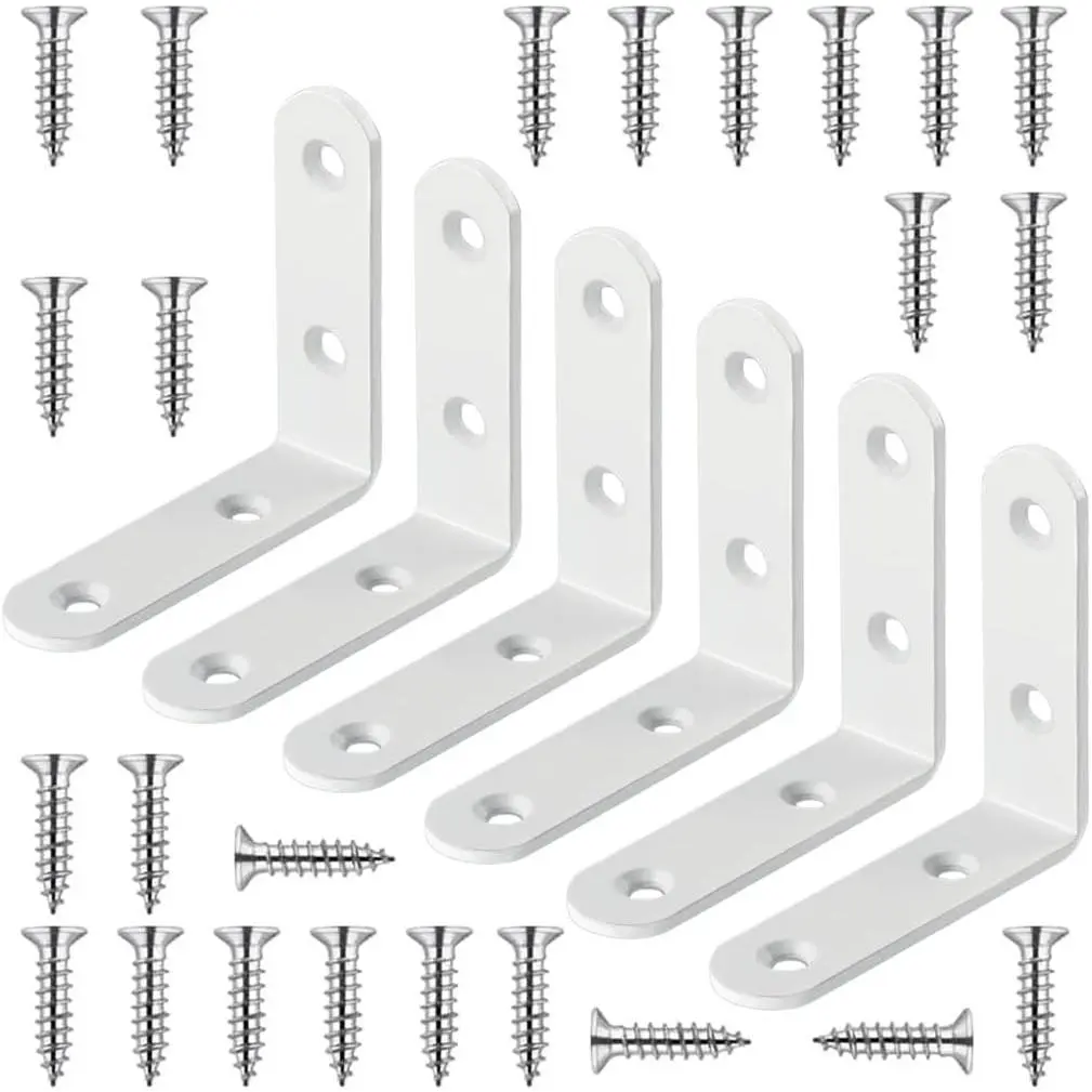White L Bracket 2.5 Inch Stainless Corner Brace, 6 Pcs 90 Degree Joint Duty Angle Brackets for Wood Shelves, Cabinet, Frame, with Screws