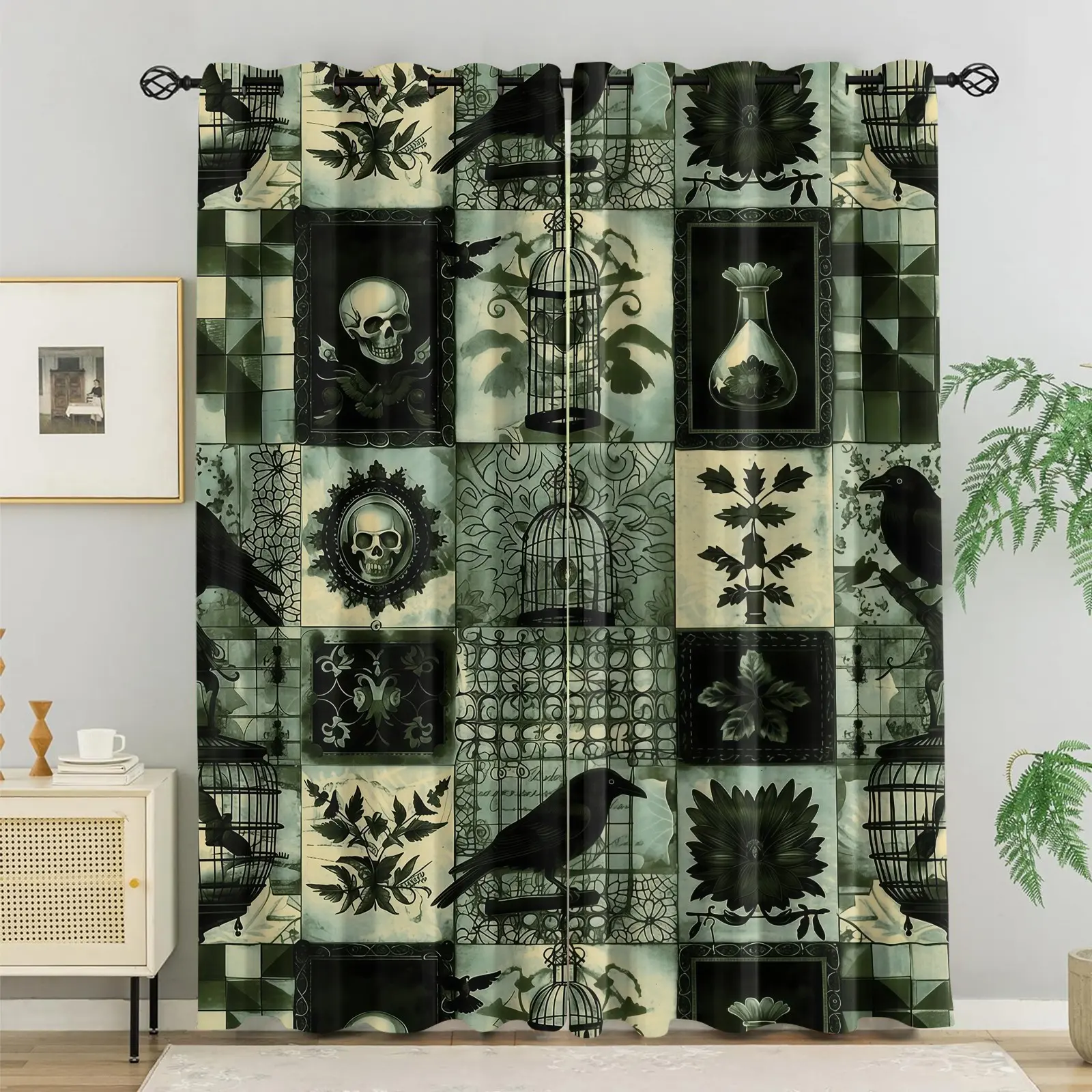 Curtain Set of 2 with Vintage Patchwork Print Patterns, Suitable for Living Room, Balcony & Bedroom Windows, Perfect Seasonal & Holiday Home Room Decorations