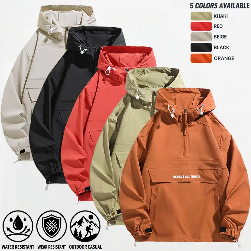 Men's Stylish Gorpcore Windbreaker Jacket Plain Long Sleeve Letter Print Polyester Half Zip Hooded Pullover, Baggy Loose Fit, Weather Resistant Tops with Zipper for Outdoor Hiking, Casual Menswear