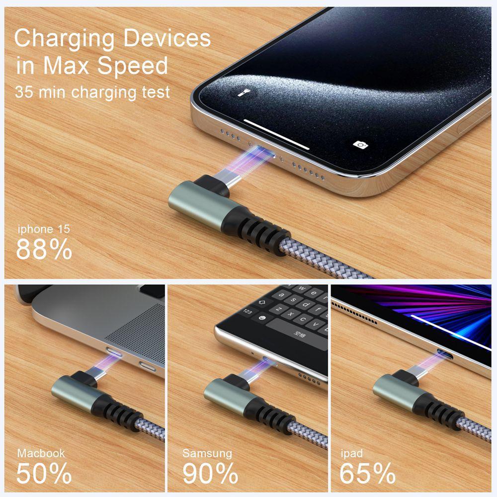 USB Type C Charger Cable Nylon Braided USB-C to USB C Line, 90 Degree Bend Gaming Charging Cable, Fast Charging Data Transfer