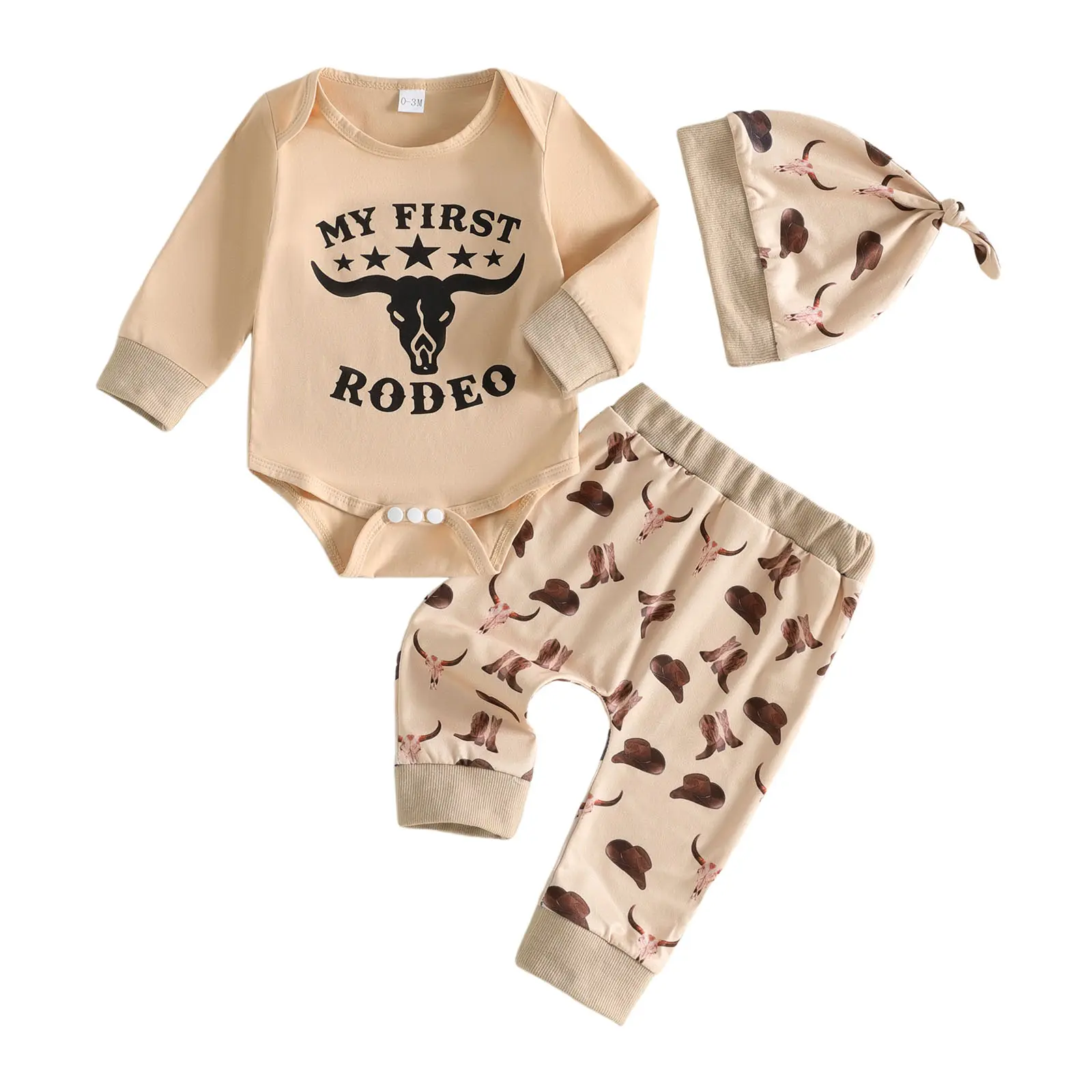 Infant Baby Boy Western Outfit Printed Long Sleeve Romper Pants Hat 3 Piece Set Fall Winter 0-18 Months