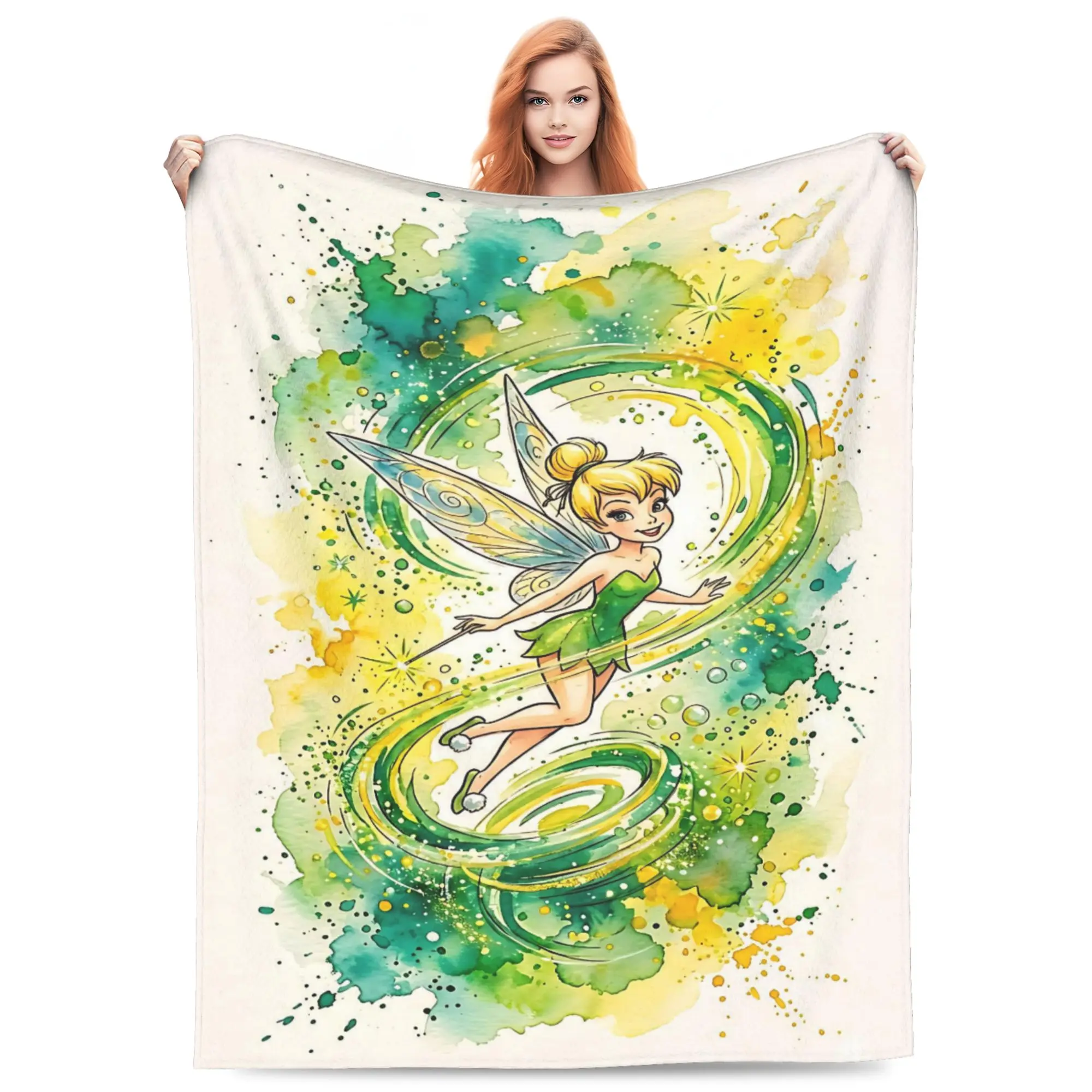 DISNEY CLASSIC Tinker Bell Watercolor Magic Throw Blanket, Green Fairy Tinker Bell Magic Swirl Sparkle Ink Splash Watercolor Cartoon Print Flannel Fleece Blanket Soft Cozy Blanket for Sofa Bed Gift for Girls Fairytale Fans