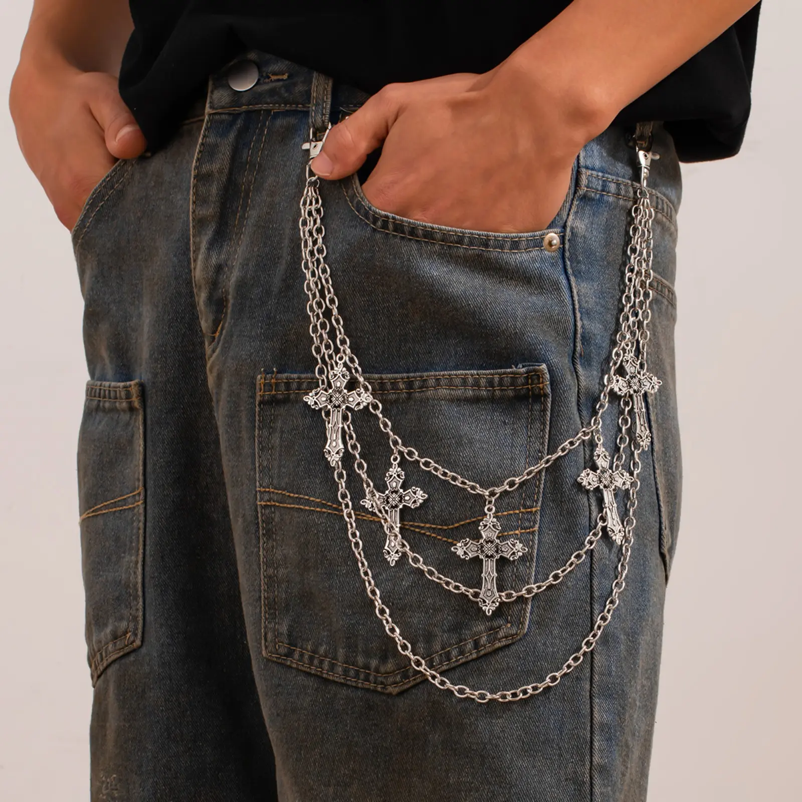 Vintage Multi Layer Cross Pant Chain, Silver Gothic Cross Waist Chain, Hip Hop Trousers Chain Wallet Chain Punk Jeans Accessory for Men Women