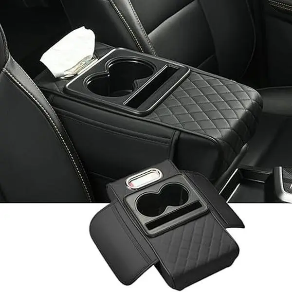 5-in-1 Car Center Console Cover,Car Armrest Cushion with Cup Holder,Phone Holder,Pocket,Car Tissue Holder, Car Accessories Interior Organizers (Black)