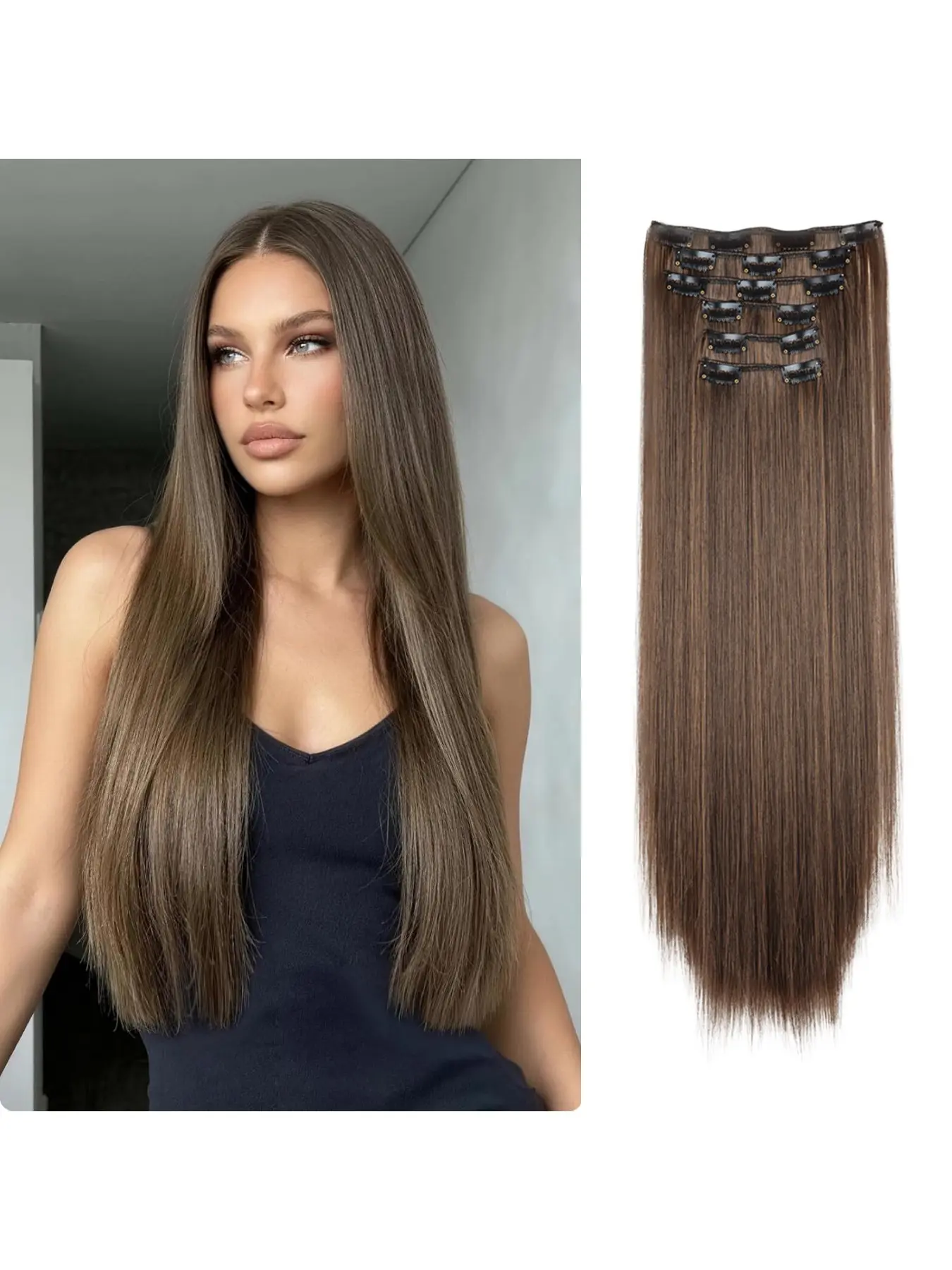 Women 6‑Piece Straight Clip‑on Hair Pieces With 16 Clips Premium Synthetic Matte Hair Extensions Reusable Durable Hair Pieces Boost Hair Volume Create Charming Look For Daily Casual And Special Occasion Use