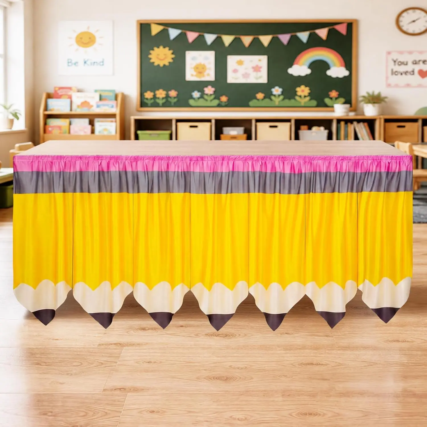 Frienda 6 ft Pencil Table Skirt for Teacher Back to School Classroom Desk Table Cover Skirt Colorful Pencil Rectangular Tablecloth for Teacher Classroom Decorations Preschool Elementary Party Supplies
