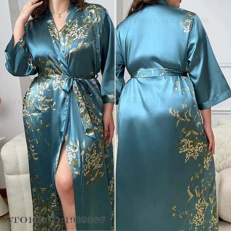 Women's Plus Size Cherry Print Satin Robe - 2XL-5XL, 3XL Incl, Long Loose Baggy Lady's Japanese Nightwear, Spring-Summer Swimwear Cover-Up, Machine Washable Black Sleep Loungewear