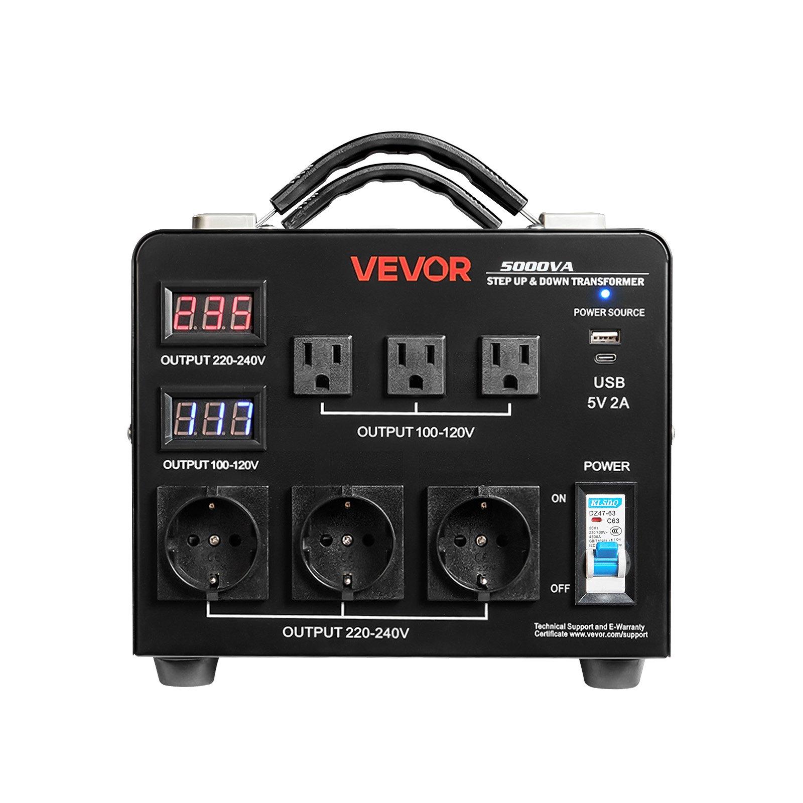 VEVOR Voltage Auto Converter Transformer, 5000VA, Heavy Duty Step Up/Down Power Transformer, 110V to 220V and 220V to 110V, with 3 US Outlets, 3 EU Outlets, LCD Display, Circuit Breaker Protection VEVOR Voltage Auto Converter Transformer, 5000VA, Heavy Duty Step Up/Down Power Transformer, 110V to 220V and 220V to 110V, with 3 US Outlets, 3 EU Outlets, LCD Display, Circuit Breaker Protection