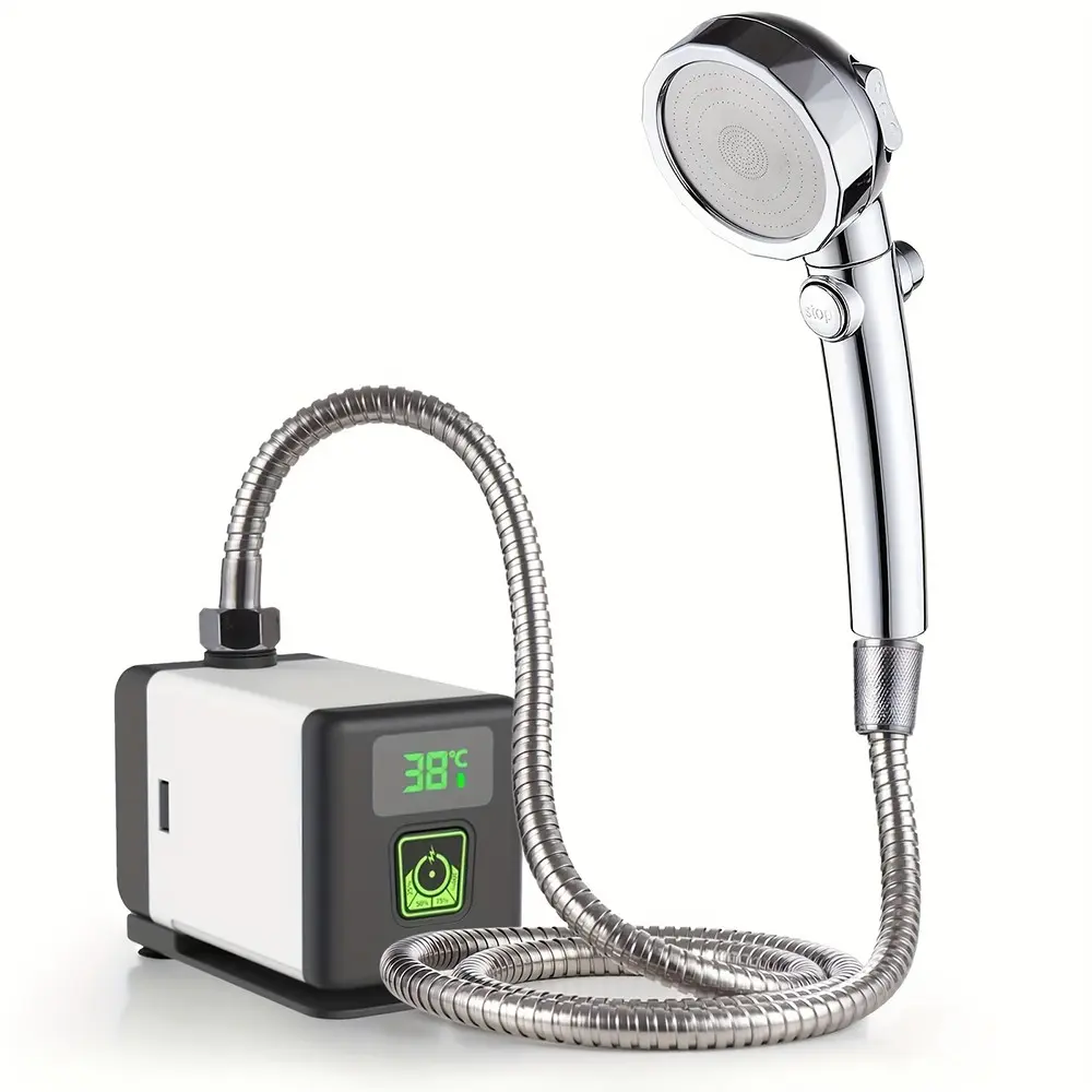 Portable Electric Shower for Outdoor Camping, Rechargeable Brushless Pump, 2m Stainless Steel Hose, Adjustable Spray, Temperature Sensor, Rechargeable Camping Showerhead