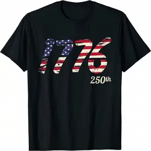 Shortsleeve Crew Neck T-Shirt for Men and Women, Vintage 250th Anniversary Patriotic American Flag Graphic for Fourth of July, Tops
