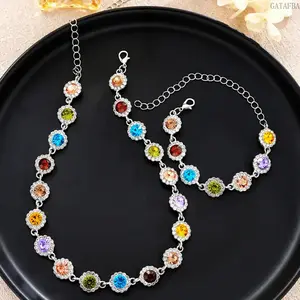 2026 Colorful Zircon Jewelry Set Necklace Bracelet Luxury Women Daily Jewelry Gift