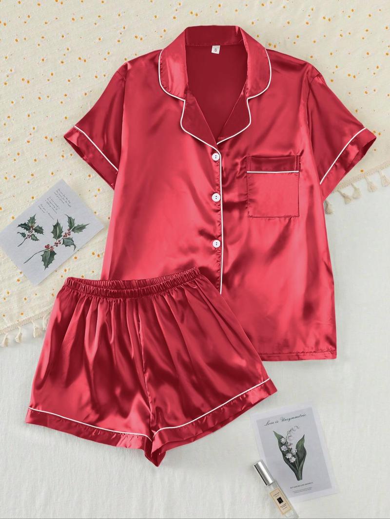 【Valentine's Day】Women's Two-piece Shirt & Shorts Satin Pajamas Set, Ladies Summer Sleepwear