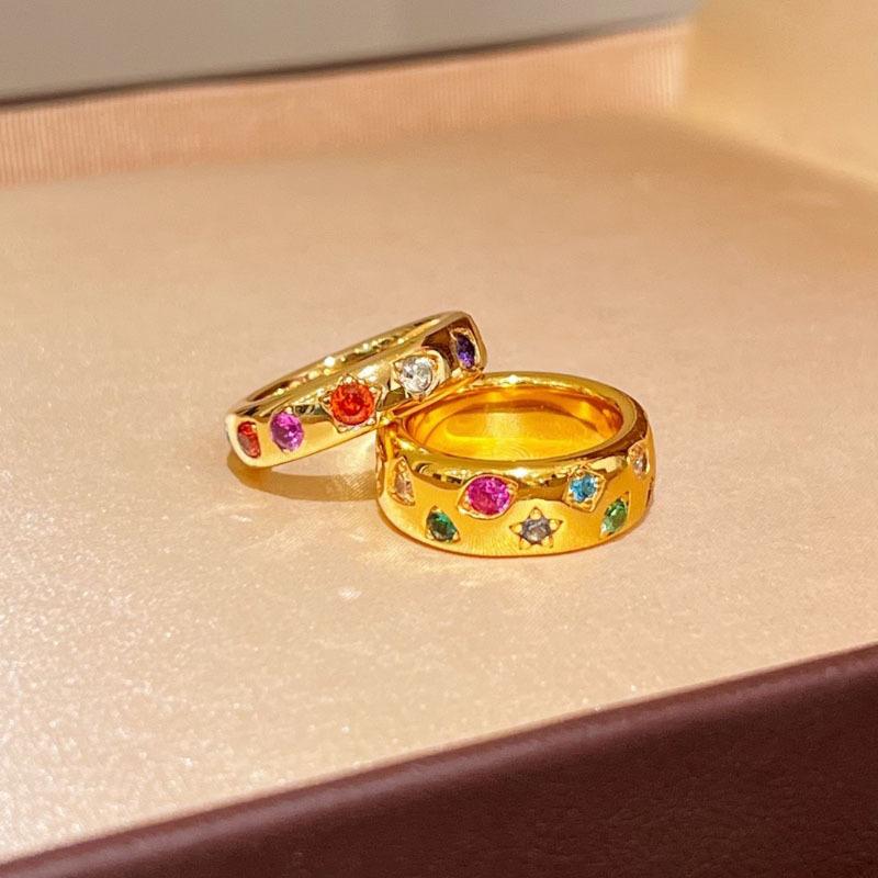 Fashionable and trendy light luxury high-end wide and narrow inlaid colorful sparkling diamond rings with unique design, suitable for stacking, personalized and stylish ring gift