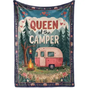 Huglanket Camping Gifts for Women, RV Lovers, Soft Flannel Throw Blanket for Campers, Blue, 50x65 Inches