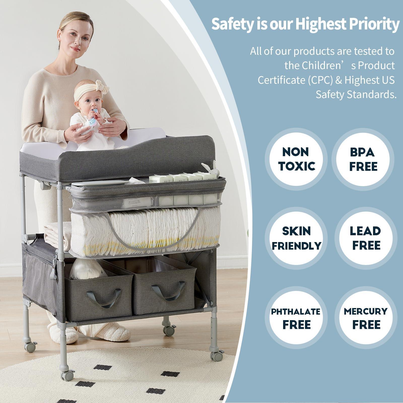 Portable Changing Table  Foldable Dresser Station For Waterproof Diaper Pad Topper Mobile Organizer Darkgrey