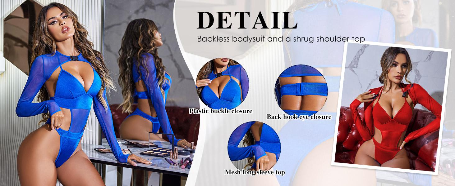 Rave Outfits for Women Festival Sexy Lingerie Bodysuit Buckle Shrug Crop Top Set