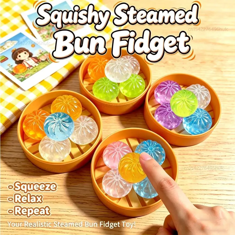 5Pcs Mini Steamer Bun Squeezable Toys Set Soft Stress Relief Crystal Squishy Fidget Sensory Toy Birthdays Party Favors Gift