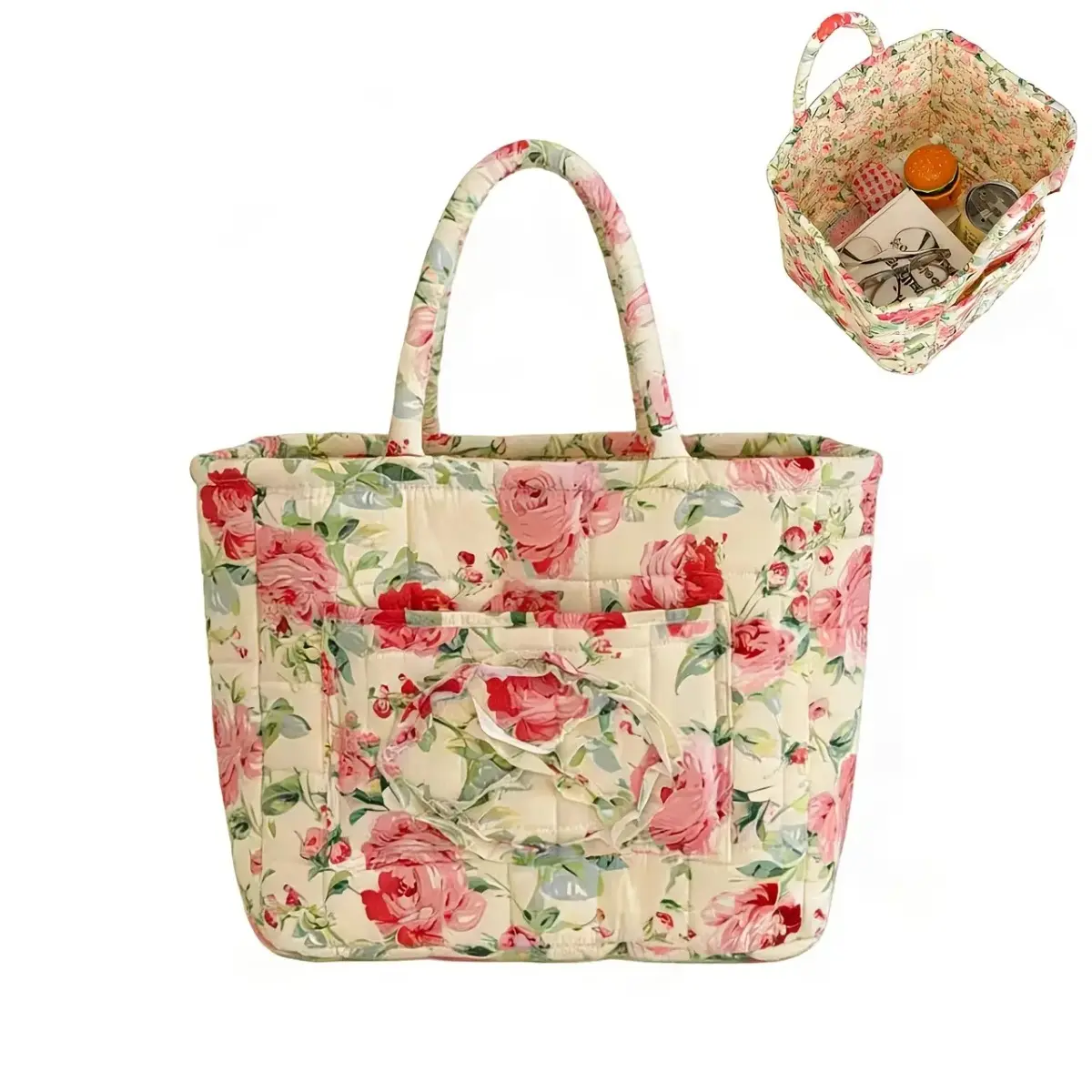 Retro Quilted Floral Storage Basket, Large Portable Synthetic Organizer Tote for Home Decor and Daily Organization, Storage Organization