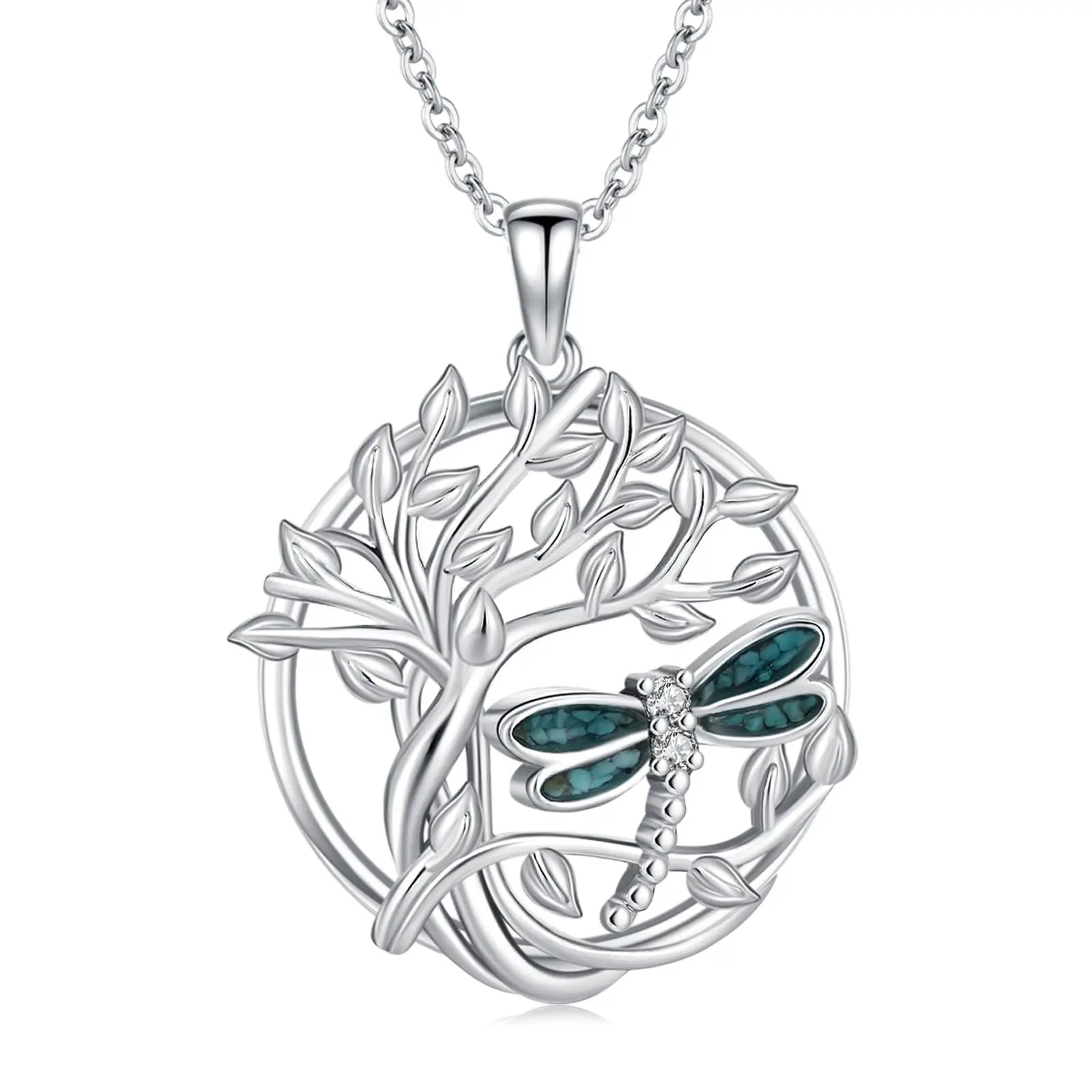 CHENGHONG Dragonfly Necklace 925 Sterling Silver Tree of Life Dragonflys Pendant Necklace for Women Family Tree Turquoise Dragonfly Jewelry Gifts