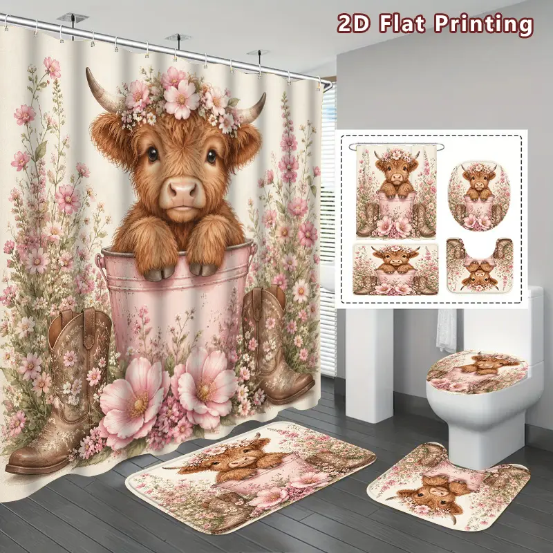 4-Piece Scottish Highland Cow Bathroom Decor Set with Shower Curtain, Floor Mat, U-Shaped Floor Mat and Toilet Cover - Barrel Pink Cow and Country Boots with Hooks for Bathroom, Room - Self-Adhesive Floor Mat Compatible Home
