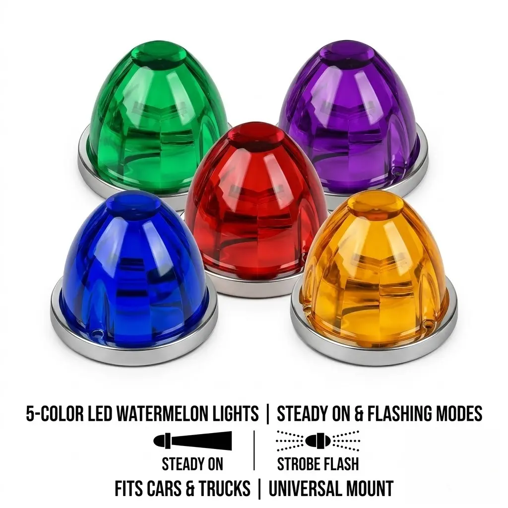 Watermelon LED Marker Lights, 2 Modes Steady On & Strobe Flash Side Marker Lamps, Multi Color Chrome Base Clearance Roof Lights for Semi Truck Pickup Jeep Tractor