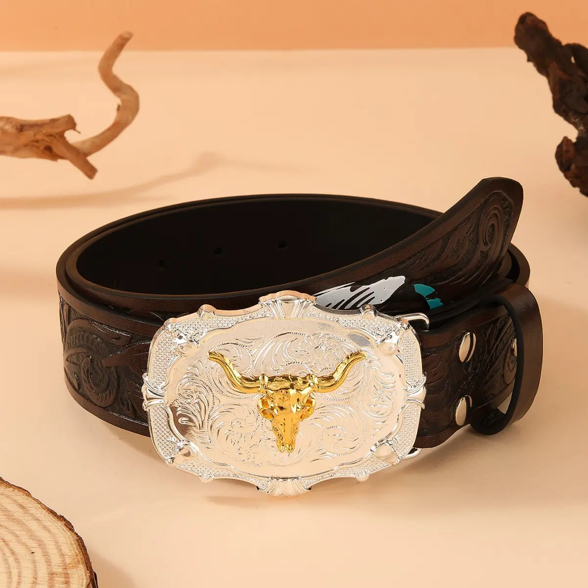 Western Cowboy Floral Scroll Embossed PU Leather Belt, Two-Tone Longhorn Skull Rectangular Buckle, Vintage Rodeo Unisex Waist Belt for Country Jeans & Cowgirl Outfits